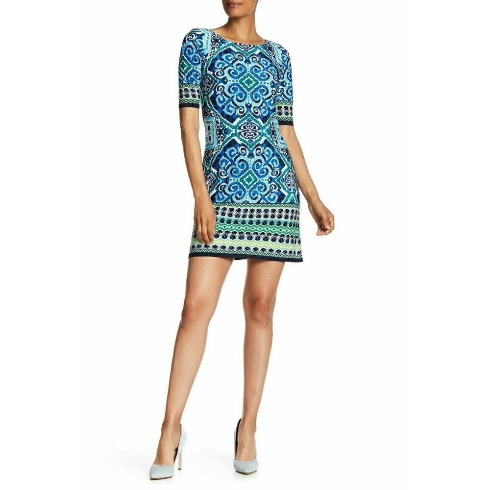 Eliza J Blue Abstract Print Shift Dress Size 0 Lined Knit Dress - Picture 3 of 12